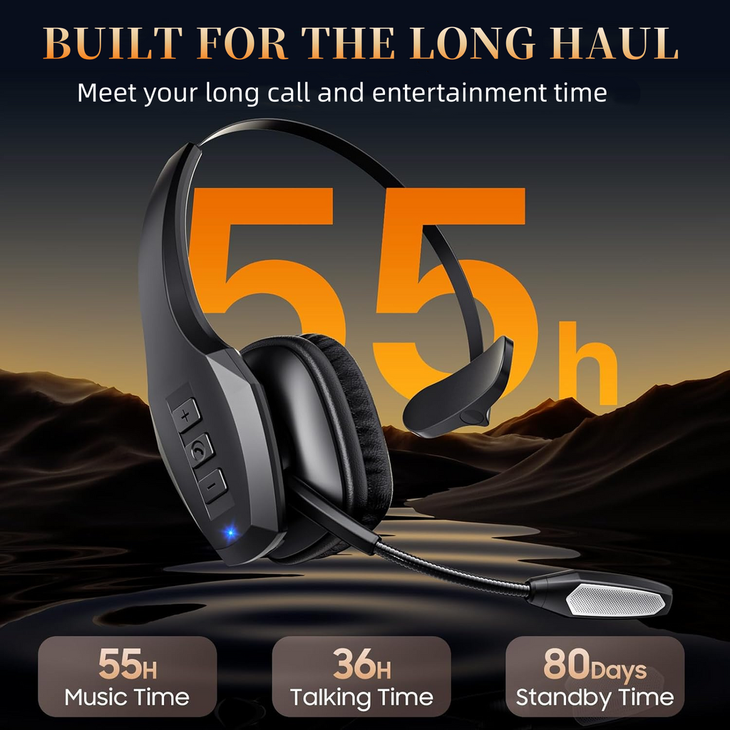 Wireless  with Mic,Bluetooth Headset with Dual Noise Cancelling Microphone & Mute Button, 55Hrs Working Time PC Headset for Cell Phones, Computer, Truck Driver Audio Headphone