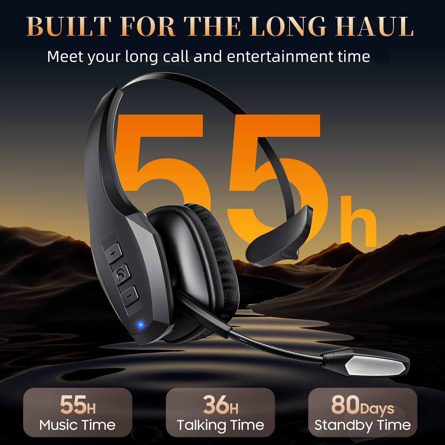 Wireless  with Mic,Bluetooth Headset with Dual Noise Cancelling Microphone & Mute Button, 55Hrs Working Time PC Headset for Cell Phones, Computer, Truck Driver Audio Headphone