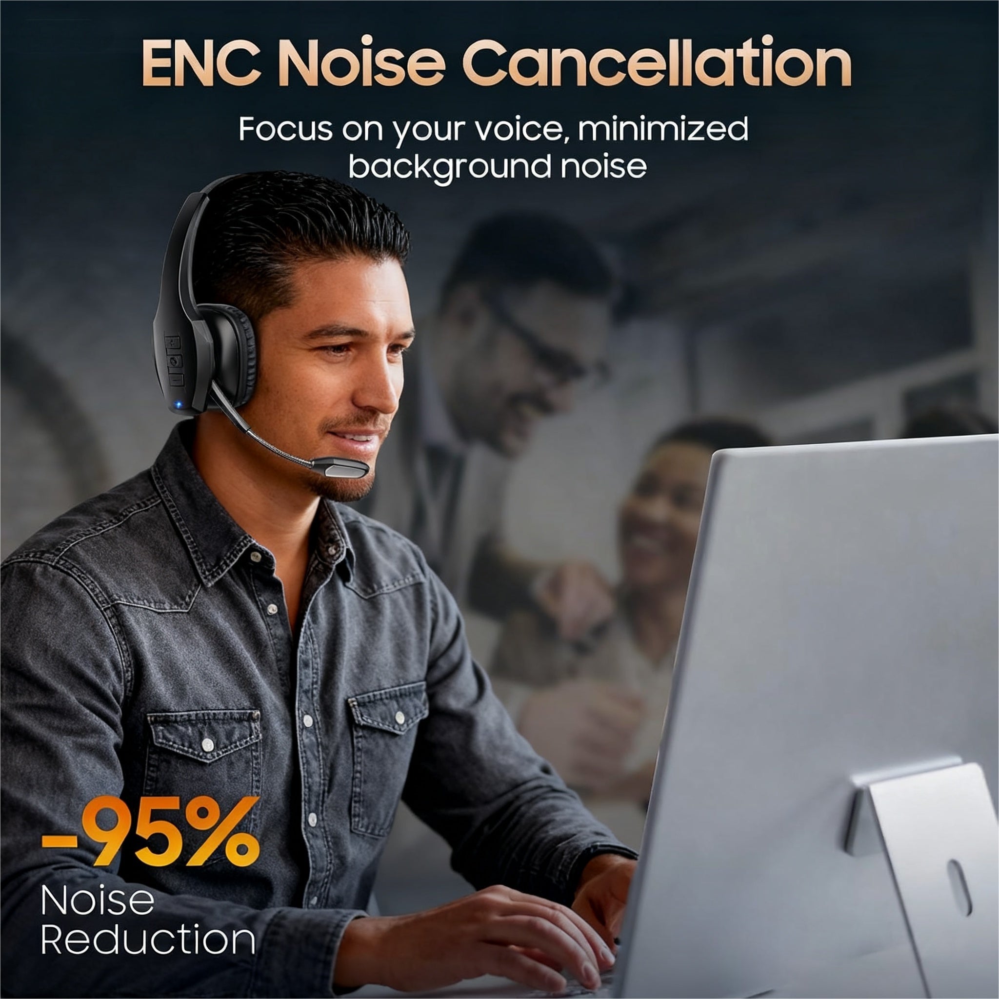 Wireless  with Mic,Bluetooth Headset with Dual Noise Cancelling Microphone & Mute Button, 55Hrs Working Time PC Headset for Cell Phones, Computer, Truck Driver Audio Headphone