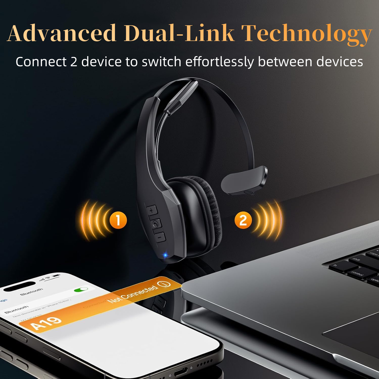 Wireless  with Mic,Bluetooth Headset with Dual Noise Cancelling Microphone & Mute Button, 55Hrs Working Time PC Headset for Cell Phones, Computer, Truck Driver Audio Headphone